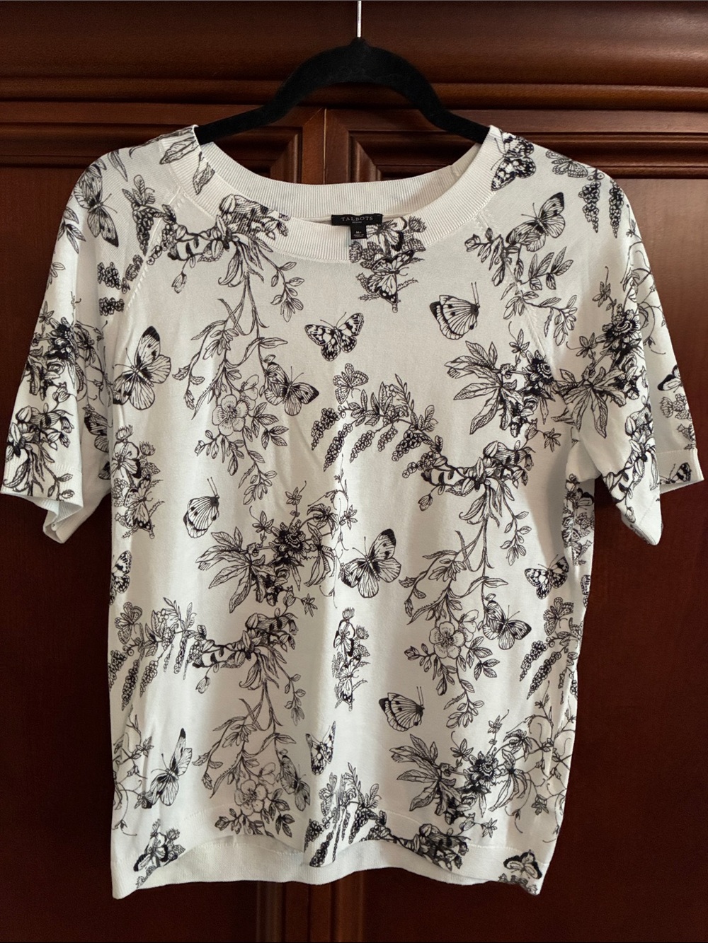 Talbots White Short Sleeve Tee with Black Botanical & Butterfly Print